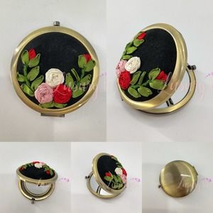 Rose Ribbon Embroidery Compact Mirror, Birthday Gift, Bronze Black